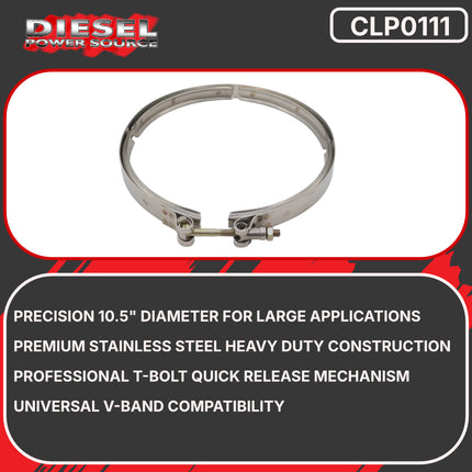Diesel Power Source 10.5" Heavy Duty Stainless Steel V-Band Clamp T-Bolt Style – Adjustable 10.5-11" Exhaust Turbo Intercooler Pipe Connection – High Performance Leak-Proof Clamp for Diesel Engines