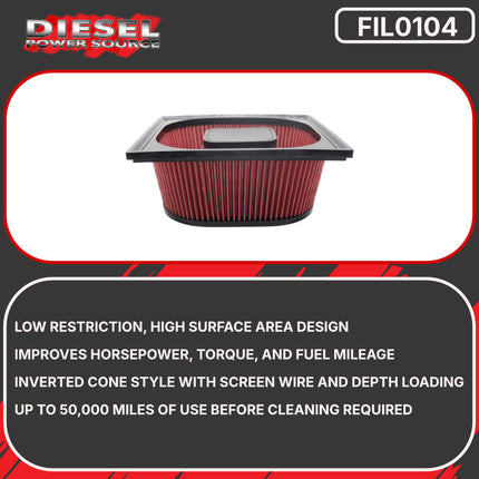Diesel Power Source Super High Flow Air Filter for Dodge Ram 2003-07 5.9 Cummins (3rd Gen) 2007-09 6.7 Cummins (3rd Gen) 2010-18 6.7 Cummins (4th Gen)  Diesel Engine - Premium Performance Replacement