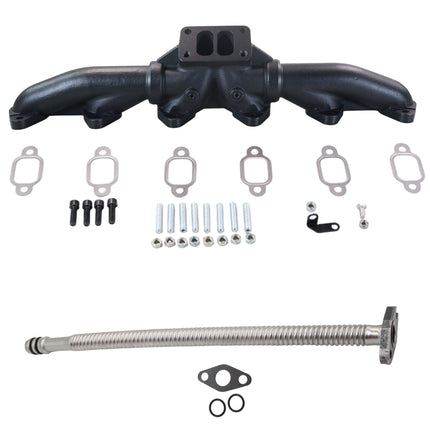 Diesel Power Source T3 Exhaust Manifold + 25" Turbo Oil Drain Tube Bundle – 1988-1998 Dodge Ram 5.9L 12V Cummins – Direct Fit Performance Upgrade Kit – Better Flow, Lower EGTs, Faster Spool