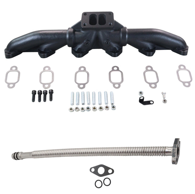 Diesel Power Source T3 Exhaust Manifold + 25" Turbo Oil Drain Tube Bundle – 1988-1998 Dodge Ram 5.9L 12V Cummins – Direct Fit Performance Upgrade Kit – Better Flow, Lower EGTs, Faster Spool