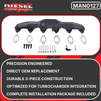 Diesel Power Source Complete T3 Turbo Bundle: 3-Pc Exhaust Manifold + Spin-Lock Bolts + Oil Drain Tube – 1988-1998 Dodge Ram 5.9L 12V Cummins – Direct Fit Performance Kit for Faster Spool & Lower EGTs