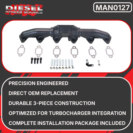 Diesel Power Source T3 3-Piece Exhaust Manifold for 1988-1998 Dodge Ram 5.9L 12V Cummins - High Flow Performance, Faster Turbo Spool, Lower EGTs, Direct Bolt-On Replacement (OEM 3911349)