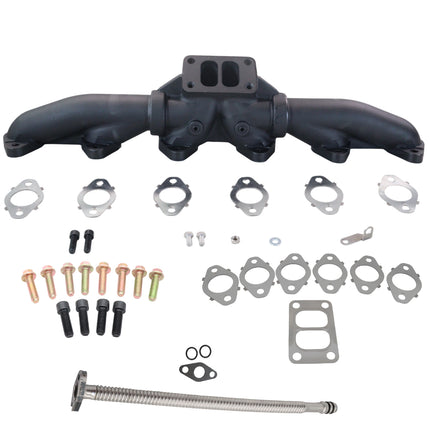 Diesel Power Source Complete T3 Exhaust Manifold Kit with Gaskets, Bolts & 25" Turbo Oil Drain Tube for 1998-2002 Dodge Ram 5.9L 24V Cummins High Flow Performance Direct Bolt-On