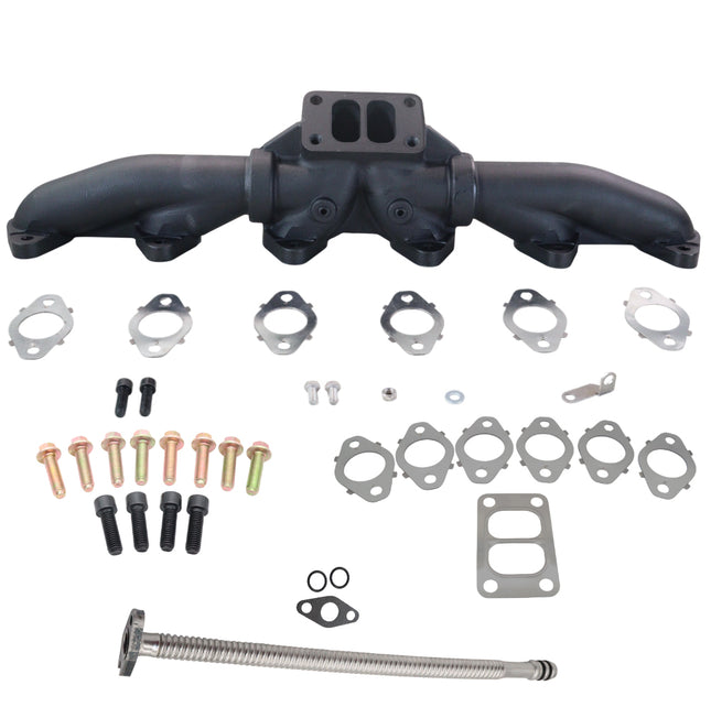 Diesel Power Source Complete T3 Exhaust Manifold Kit with Gaskets, Bolts & 25" Turbo Oil Drain Tube for 1998-2002 Dodge Ram 5.9L 24V Cummins High Flow Performance Direct Bolt-On