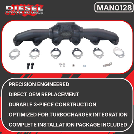 Diesel Power Source T3 3-Piece Exhaust Manifold Kit + 25" Stainless Turbo Oil Drain Tube for 1998-2002 Dodge Ram 5.9L 24V Cummins High Flow Performance Faster Spool Lower EGTs Direct Bolt-On Upgrade