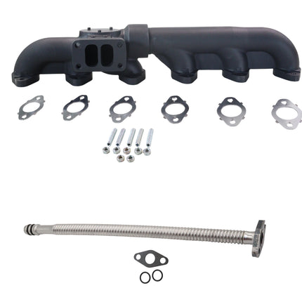 Diesel Power Source 2-Piece T3 High Flow Exhaust Manifold + 12" Stainless Steel Flexible Turbo Oil Drain Tube Kit for 2003-2007 Dodge Ram 5.9L Cummins Performance Direct Bolt-On Lower EGTs
