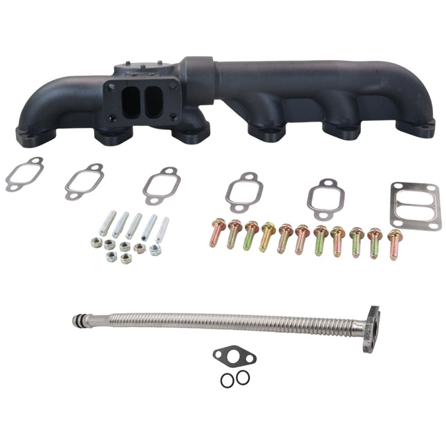 Diesel Power Source Fummins Conversion Kit: 2-Piece T3 Exhaust Manifold + 19" Stainless Turbo Oil Drain – Ford Cummins Swap 5.9L 12V – High Flow Performance Bundle for Lower EGTs