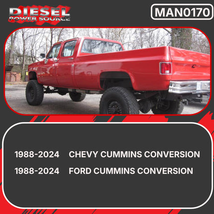 Diesel Power Source Fummins Conversion Kit: 2-Piece T3 Exhaust Manifold + 19" Stainless Turbo Oil Drain – Ford Cummins Swap 5.9L 12V – High Flow Performance Bundle for Lower EGTs