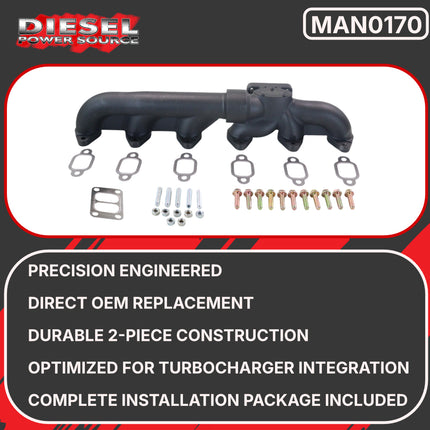 Diesel Power Source Fummins Conversion Kit: 2-Piece T3 Exhaust Manifold + 19" Stainless Turbo Oil Drain – Ford Cummins Swap 5.9L 12V – High Flow Performance Bundle for Lower EGTs