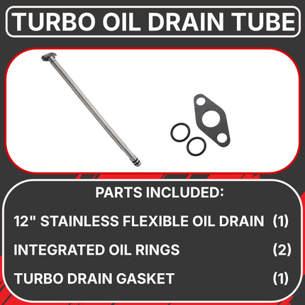 Diesel Power Source 12" Stainless Steel Flexible Turbo Oil Drain Tube Cummins 5.9L 6.7L 12V 24V ISX Turbo Drain Line Kit Universal Fit High Temperature Braided Hose Performance