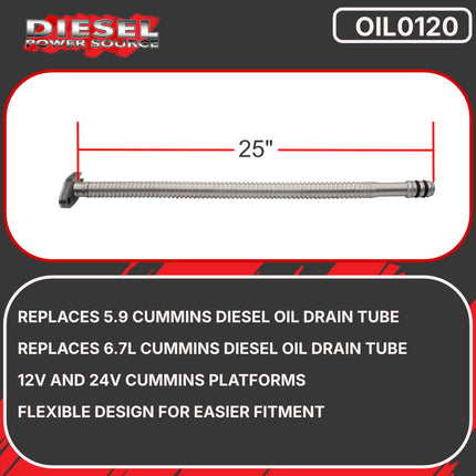 Diesel Power Source 25" Stainless Steel Flexible Turbo Oil Drain Tube Cummins 5.9L 6.7L 12V 24V ISX Turbo Drain Line Kit Universal Fit High Temperature Braided Hose Performance