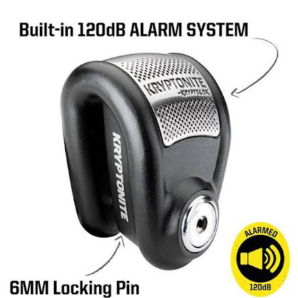 Kryptonite KryptoLok 6A Alarm Disc Lock  – Motorcycle, Scooter & E-Bike Security Lock with 120dB Anti-Theft Alarm, 6mm Hardened Locking Pin, Weather-Resistant Electronics 2 Stainless Steel Keys