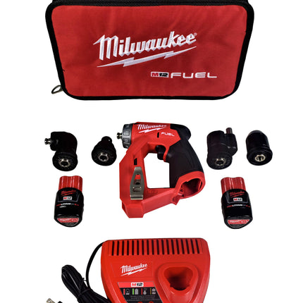 Milwaukee 2505-22 M12 FUEL 12V Brushless Installation Drill/Driver Kit – 4-in-1 Multi-Head Drill with Right Angle, Offset & 3/8" Chuck Attachments, 2 Batteries, Charger & Case