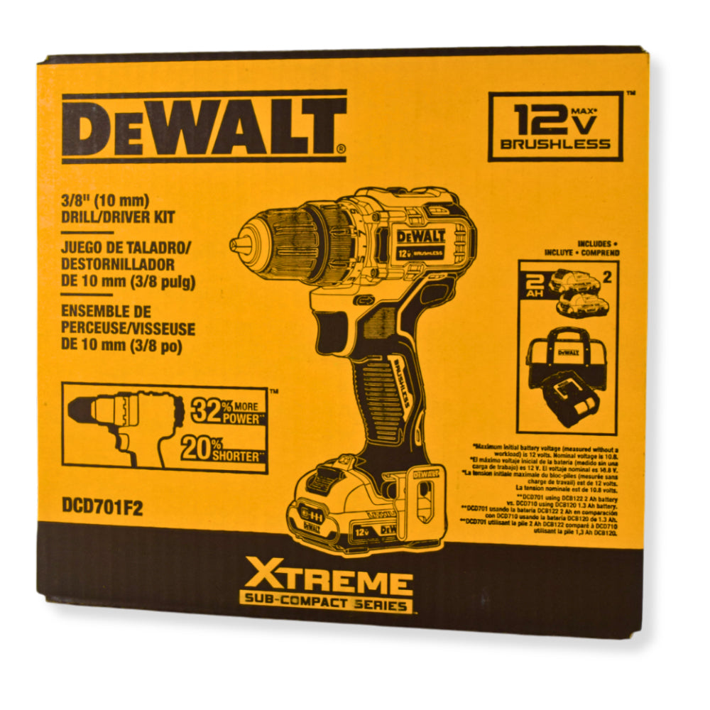 Dewalt DCD701F2 XTREME 12V MAX Brushless 3/8 in. Cordless Drill/Driver with (2) 2.0Ah Batteries, Charger & Tool Bag