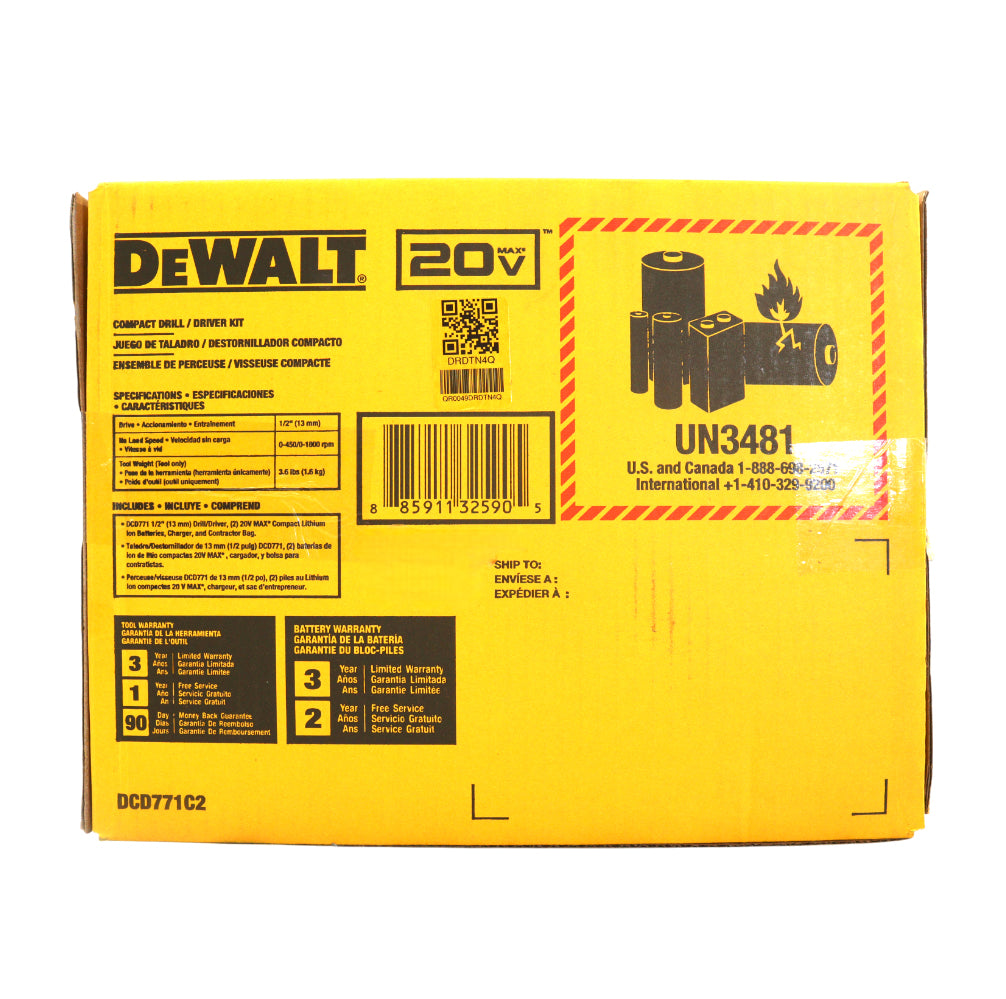DEWALT 20V MAX Lithium‑Ion Cordless 1/2 in. Drill/Driver Kit with (2) 1.3Ah Batteries, Charger & Contractor Bag