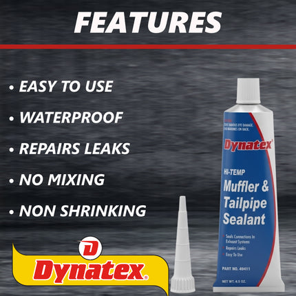 Dynatex Muffler & Tailpipe Sealant 4.5 oz Tube - Non-Combustible, Heat-Setting, Hardens with Exhaust Heat, Repairs Holes & Leaks (6-Pack)