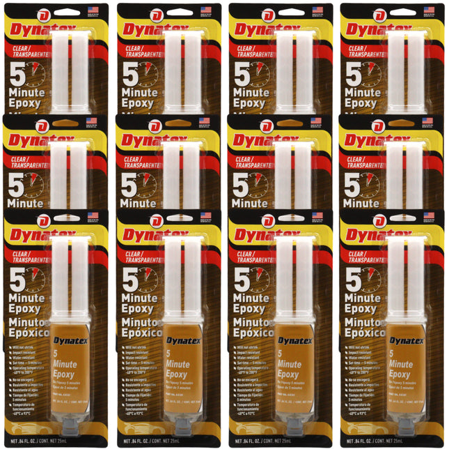 Dynatex 5 Minute Epoxy Adhesive 0.84 oz Twin Syringe - Fast Cure 3-5 Min, Bonds Plastics Metals Wood Ceramics, Industrial Strength (12-Pack)