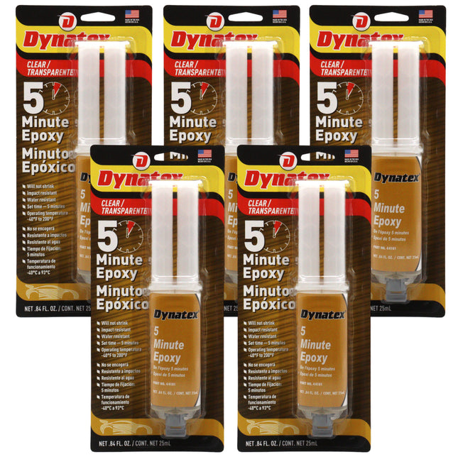 Dynatex 5 Minute Epoxy Adhesive 0.84 oz Twin Syringe - Fast Cure 3-5 Min, Bonds Plastics Metals Wood Ceramics, Industrial Strength (5-Pack)