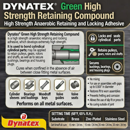 Dynatex Green High Strength Retaining Compound 1.69 oz Bottle - Fast-Curing Anaerobic, Locks Threads & Retains Cylinders, Automotive & Industrial (6-Pack)