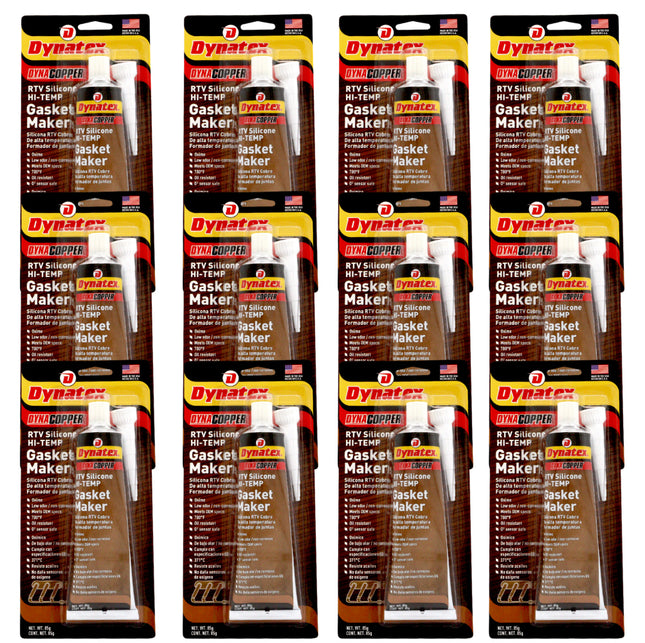 Dynatex DynaCopper RTV Silicone Copper Gasket Maker, 85g Tube - High Temperature, Non-Corrosive, and Sensor Safe Silicone Sealing Compound Made in the USA (12-Pack)