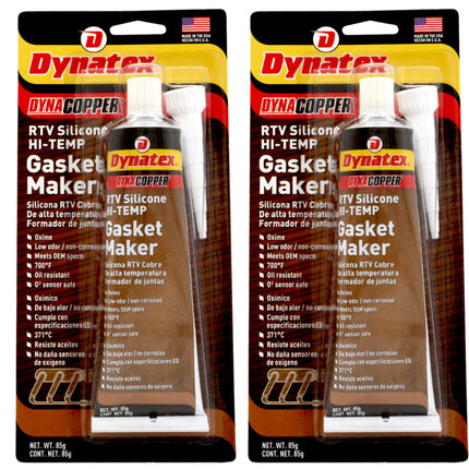 Dynatex DynaCopper RTV Silicone Copper Gasket Maker, 85g Tube - High Temperature, Non-Corrosive, and Sensor Safe Silicone Sealing Compound Made in the USA (2-Pack)