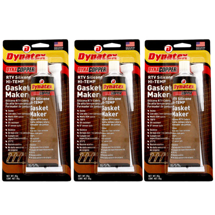 Dynatex DynaCopper RTV Silicone Copper Gasket Maker, 85g Tube - High Temperature, Non-Corrosive, and Sensor Safe Silicone Sealing Compound Made in the USA (3-Pack)