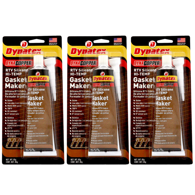 Dynatex DynaCopper RTV Silicone Copper Gasket Maker, 85g Tube - High Temperature, Non-Corrosive, and Sensor Safe Silicone Sealing Compound Made in the USA (3-Pack)