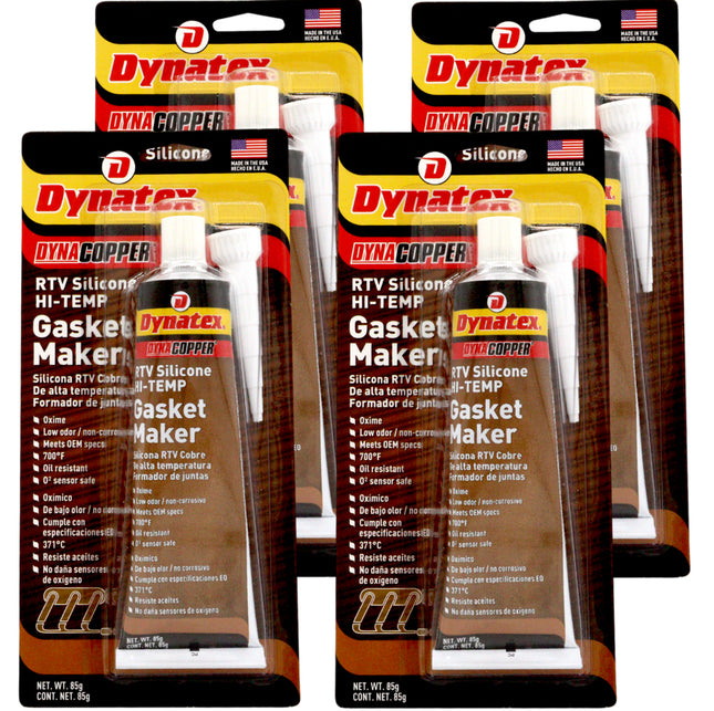 Dynatex DynaCopper RTV Silicone Copper Gasket Maker, 85g Tube - High Temperature, Non-Corrosive, and Sensor Safe Silicone Sealing Compound Made in the USA (4-Pack)