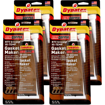 Dynatex DynaCopper RTV Silicone Copper Gasket Maker, 85g Tube - High Temperature, Non-Corrosive, and Sensor Safe Silicone Sealing Compound Made in the USA (4-Pack)