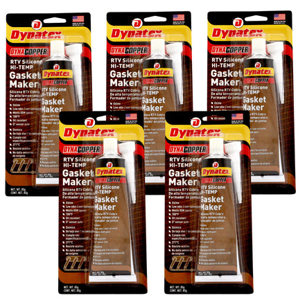 Dynatex DynaCopper RTV Silicone Copper Gasket Maker, 85g Tube - High Temperature, Non-Corrosive, and Sensor Safe Silicone Sealing Compound Made in the USA (5-Pack)
