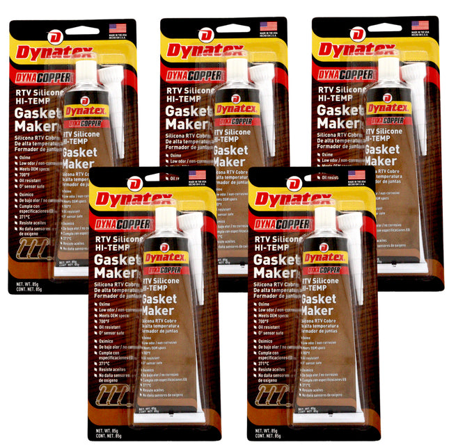 Dynatex DynaCopper RTV Silicone Copper Gasket Maker, 85g Tube - High Temperature, Non-Corrosive, and Sensor Safe Silicone Sealing Compound Made in the USA (5-Pack)