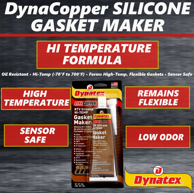 Dynatex DynaCopper RTV Silicone Copper Gasket Maker, 85g Tube - High Temperature, Non-Corrosive, and Sensor Safe Silicone Sealing Compound Made in the USA (5-Pack)