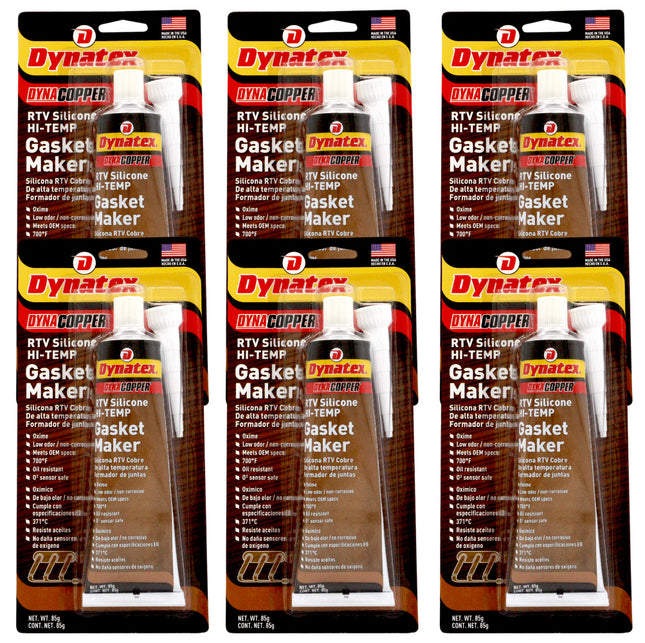 Dynatex DynaCopper RTV Silicone Copper Gasket Maker, 85g Tube - High Temperature, Non-Corrosive, and Sensor Safe Silicone Sealing Compound Made in the USA (6-Pack)