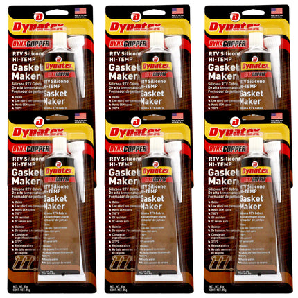 Dynatex DynaCopper RTV Silicone Copper Gasket Maker, 85g Tube - High Temperature, Non-Corrosive, and Sensor Safe Silicone Sealing Compound Made in the USA (6-Pack)