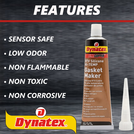 Dynatex DynaCopper RTV Silicone Copper Gasket Maker, 85g Tube - High Temperature, Non-Corrosive, and Sensor Safe Silicone Sealing Compound Made in the USA (6-Pack)
