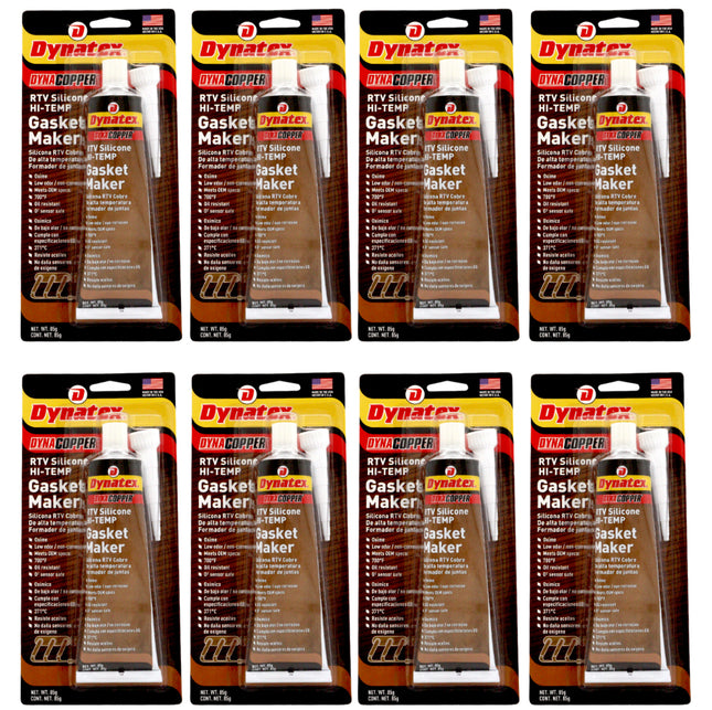 Dynatex DynaCopper RTV Silicone Copper Gasket Maker, 85g Tube - High Temperature, Non-Corrosive, and Sensor Safe Silicone Sealing Compound Made in the USA (8-Pack)