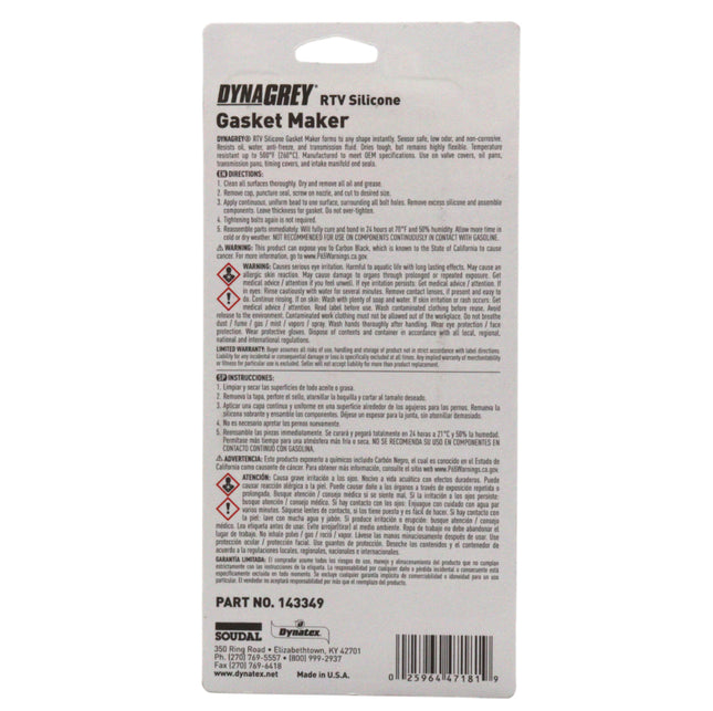 Dynatex DynaGrey RTV Silicone Gasket Maker 85g Tube - 500°F High Temperature, Sensor Safe, Low Odor, and Non-Corrosive Silicone Sealing Compound Made in the USA (Single)