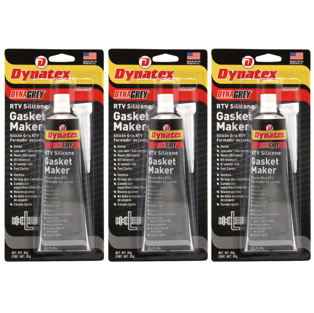 Dynatex DynaGrey RTV Silicone Gasket Maker 85g Tube - 500 Degrees F High Temperature, Sensor Safe, Low Odor, and Non-Corrosive Silicone Sealing Compound Made in the USA (3-Pack)