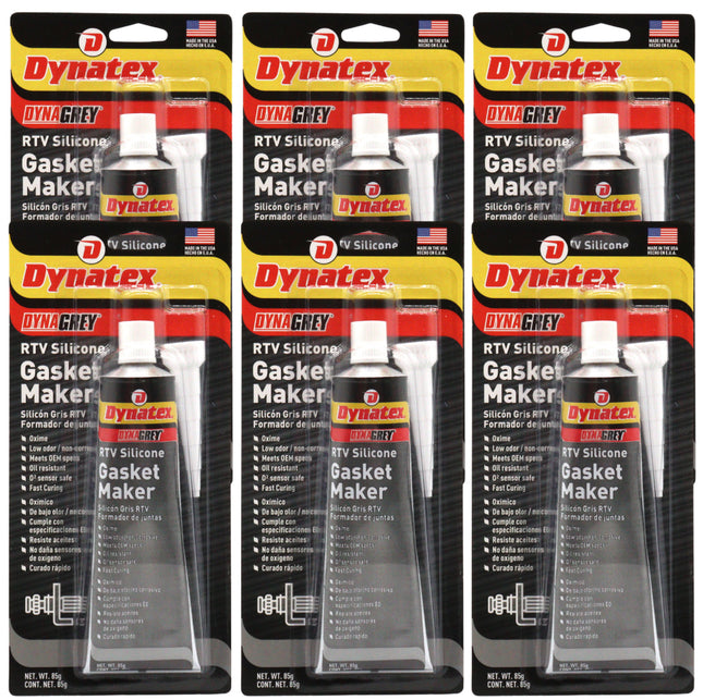 Dynatex DynaGrey RTV Silicone Gasket Maker 85g Tube - 500 Degrees F High Temperature, Sensor Safe, Low Odor, and Non-Corrosive Silicone Sealing Compound Made in the USA (6-Pack)