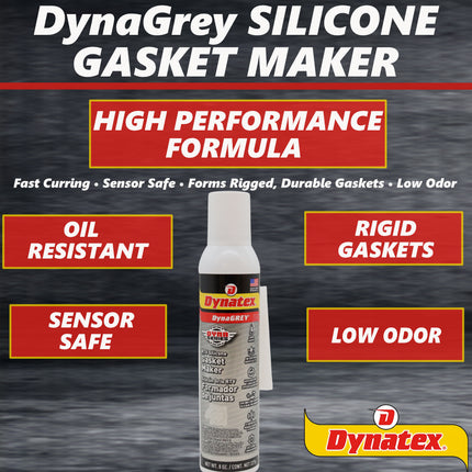 Dynatex DynaGrey RTV Silicone Gasket Maker 8oz Auto Can - 500 Degrees F High Temperature, Sensor Safe, Low Odor, and Non-Corrosive Silicone Sealing Compound Made in the USA (4-Pack)