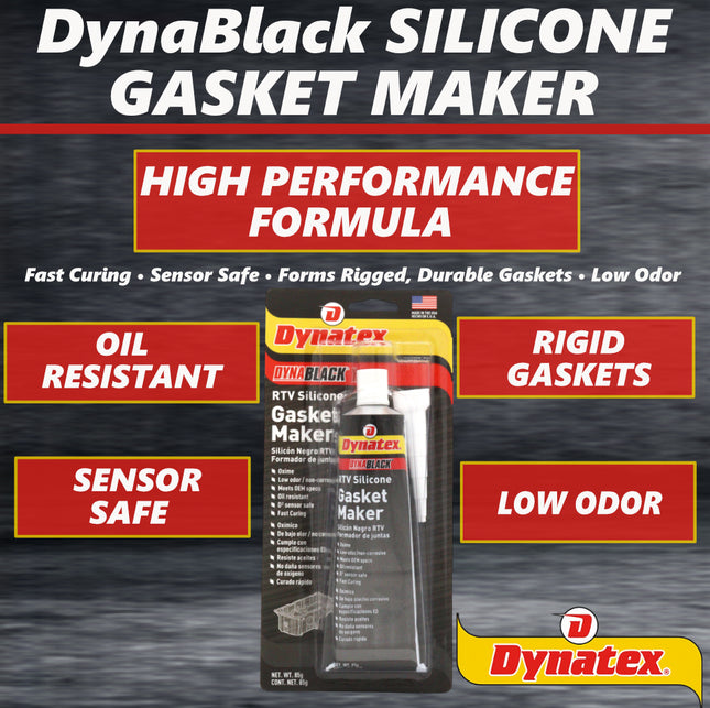 Dynatex DynaBlack RTV Silicone Gasket Maker 85g Tube - 500°F High Temperature, Sensor Safe, Low Odor, and Non-Corrosive Silicone Sealing Compound Made in the USA (Single)