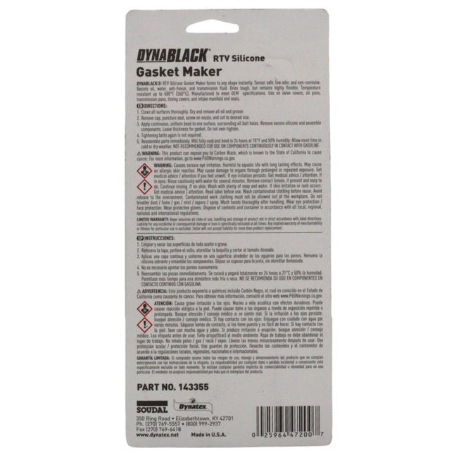 Dynatex DynaBlack RTV Silicone Gasket Maker 85g Tube - 500°F High Temperature, Sensor Safe, Low Odor, and Non-Corrosive Silicone Sealing Compound Made in the USA (12-Pack)