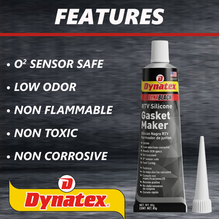 Dynatex DynaBlack RTV Silicone Gasket Maker 85g Tube - 500°F High Temperature, Sensor Safe, Low Odor, and Non-Corrosive Silicone Sealing Compound Made in the USA (4-Pack)