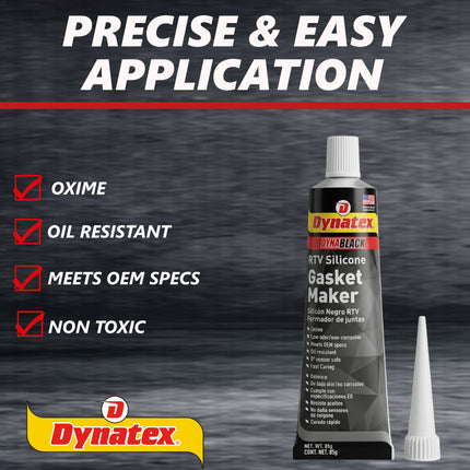 Dynatex DynaBlack RTV Silicone Gasket Maker 85g Tube - 500°F High Temperature, Sensor Safe, Low Odor, and Non-Corrosive Silicone Sealing Compound Made in the USA (8-Pack)
