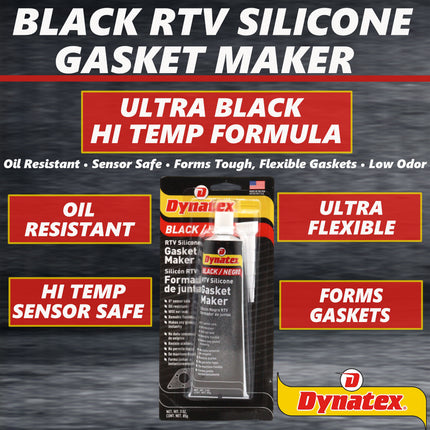 Dynatex Black RTV Silicone Gasket Maker 3 oz Tube - Oxygen Sensor Safe, OEM Specs, 500°F Hi-Temp, Oil/Water Resistant, Made in the USA (10-Pack)