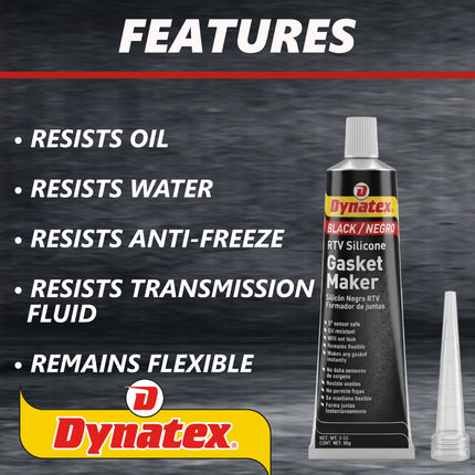 Dynatex Black RTV Silicone Gasket Maker 3 oz Tube - Oxygen Sensor Safe, OEM Specs, 500°F Hi-Temp, Oil/Water Resistant, Made in the USA (10-Pack)
