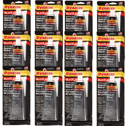 Dynatex Black RTV Silicone Gasket Maker 3 oz Tube - Oxygen Sensor Safe, OEM Specs, 500°F Hi-Temp, Oil/Water Resistant, Made in the USA (12-Pack)