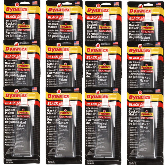 Dynatex Black RTV Silicone Gasket Maker 3 oz Tube - Oxygen Sensor Safe, OEM Specs, 500°F Hi-Temp, Oil/Water Resistant, Made in the USA (12-Pack)