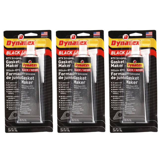 Dynatex Black RTV Silicone Gasket Maker 3 oz Tube - Oxygen Sensor Safe, OEM Specs, 500°F Hi-Temp, Oil/Water Resistant, Made in the USA (3-Pack)