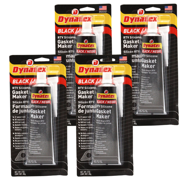 Dynatex Black RTV Silicone Gasket Maker 3 oz Tube - Oxygen Sensor Safe, OEM Specs, 500°F Hi-Temp, Oil/Water Resistant, Made in the USA (4-Pack)